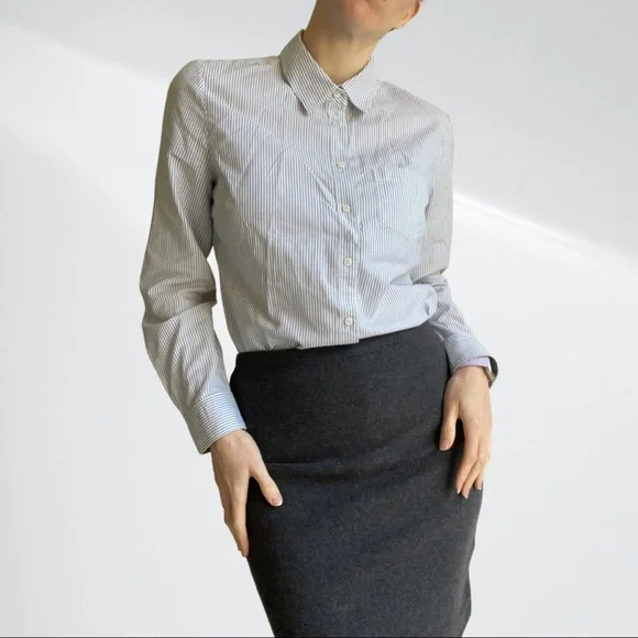 SPORTSCRAFT sz 12 cotton blouse shirt Oxford pinpoint white with navy pin stripe - Picture 9 of 10